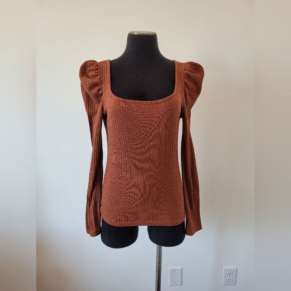Burnt Orange Copper Puffed Long Sleeve Knit Top Ribbed Square Neck Twee Small - Picture 2 of 8